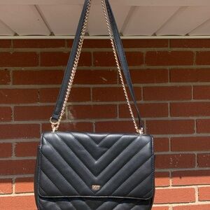 DKNY Black Quilted Crossbody Bag with Chevron Design